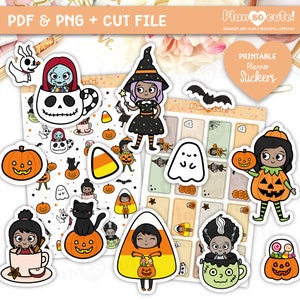 Emily Dark Skin Halloween, doces ou travessuras Chibi girl, adesivos de planejador imprimíveis de outono Halloween, silhueta e arquivo Cricut