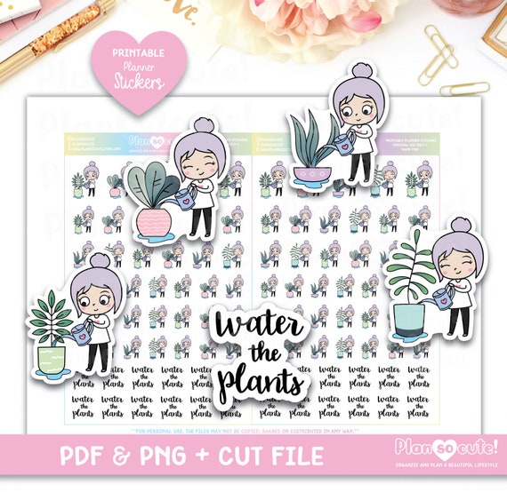Water the plants Printable Planner Stickers, Emily Light Skin, Cricut and Silhouette files, Bullet Journal Stickers