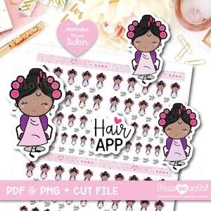 May include: Printable planner stickers featuring a cartoon illustration of a Black woman with pink hair rollers, wearing a purple robe and sitting on a chair. The text "Hair App" is written in pink and white with a pink heart. The stickers are designed for use in a planner or journal.