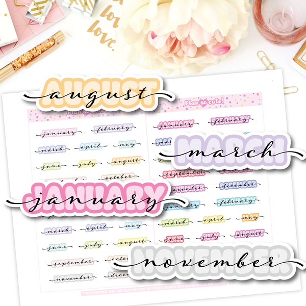 Fluffy Months Stickers, Printable Planner Stickers