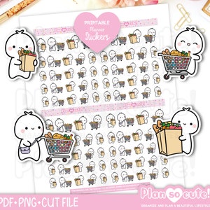 Tiny Puppet Grocery Shopping Stickers, Printable Planner Stickers, Bullet Journal Stickers