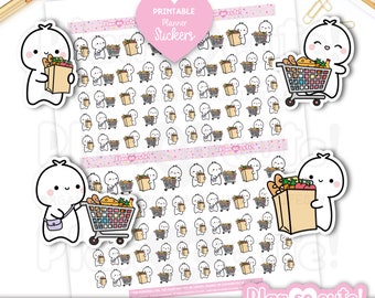 Tiny Puppet Grocery Shopping Stickers, Printable Planner Stickers, Bullet Journal Stickers