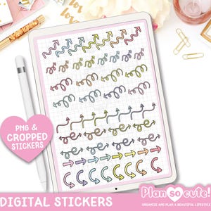 May include: Digital planner stickers featuring a variety of colorful arrows, swirls, and lines. The stickers are designed for use in planners, journals, and other paper goods.