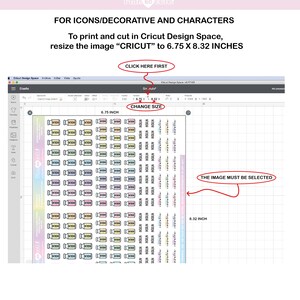 May include: A digital design space showing a grid of colorful, outlined pill bottle icons. The grid is 6.75 inches wide and 8.32 inches tall. The text "THE IMAGE MUST BE SELECTED" is written in a red circle with an arrow pointing to the grid.
