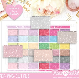 May include: A sheet of printable planner stickers with a variety of pastel colors and white polka dots. The stickers are in a grid pattern and have a dotted border. The text "Plan so cute!" is at the bottom of the sheet.