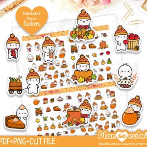 Tiny Puppet Autumn, Fall Printable Planner Stickers, Thanksgiving Stickers, Bullet Journal Stickers