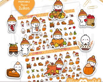 Herbstliche Planer-Sticker mit kleinen Handpuppen, druckbare Herbst-Sticker, Thanksgiving-Sticker, Bullet-Journal-Sticker