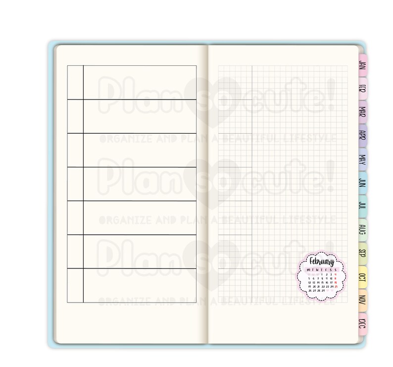May include: A planner with a gridded page and a calendar for February. The planner has a blue cover and the calendar is in a pink circle with a white border.