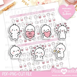 May include: A sheet of printable planner stickers featuring small white cartoon characters with pink cheeks. The designs include characters holding pink hearts with the text You can, surrounded by floating hearts and stars, with the Plan so cute logo.