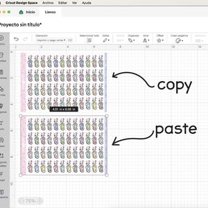 May include: Screenshot of Cricut Design Space showing a project with two rectangular designs. Each design contains multiple colorful sticker images. The dimensions are 11.46 cm by 16.66 cm. The words "copy" and "paste" are indicated with arrows.