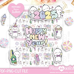 Tiny Puppet Happy New Year Stickers, Printable Planner Stickers, Bullet Journal Stickers