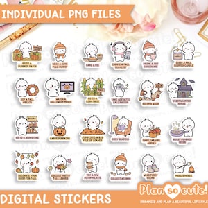 Puede incluir: Una colección de veintitrés pegatinas digitales individuales que muestran a un pequeño personaje blanco realizando diversas actividades otoñales. Cada pegatina incluye un texto como Go to a pumpkin patch, Bake a pie, Watch a Halloween movie o Make s'mores, con un estilo de dibujo animado sencillo y colores otoñales.