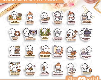 May include: A collection of twenty-three individual digital stickers featuring a small white character performing various autumn activities. Each sticker includes a caption such as Go to a pumpkin patch, Bake a pie, Watch a Halloween movie, or Make s'mores, rendered in a simple, cartoonish style with warm fall colors.