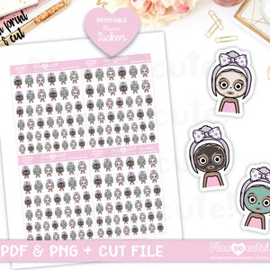 Emily Me Time, Spa Day, Dark Skin. Printable Planner Stickers