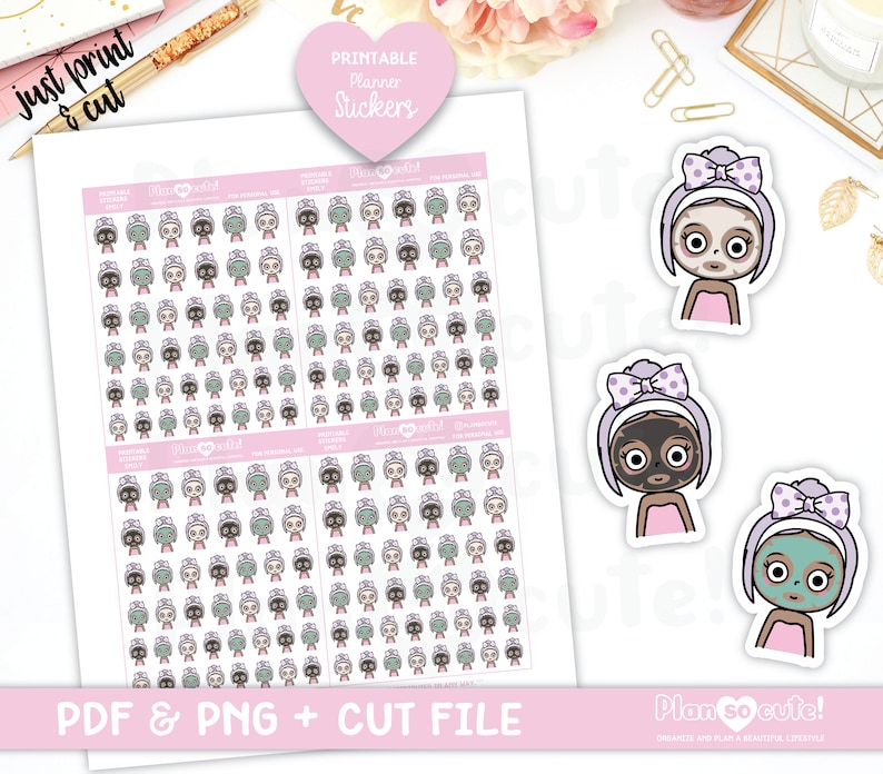 Spa Day Printable Planner Stickers Dark Skin Silhouette and Cricut File Emily Me Time