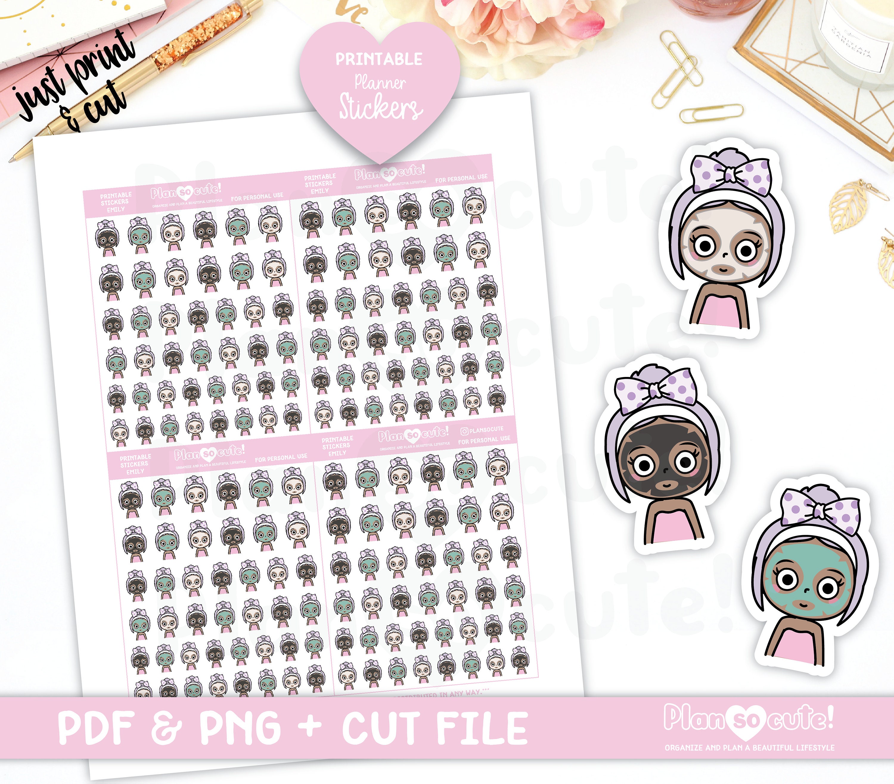 Spa Day Printable Planner Stickers Dark Skin Silhouette and Cricut File Emily Me Time