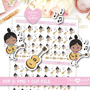 Puede incluir: Una hoja de pegatinas imprimibles para planificadores con una niña de dibujos animados tocando la guitarra. Las pegatinas son de color negro, blanco, marrón y amarillo. El texto "Plan so cute!" está en la hoja.