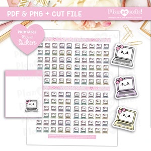 Puede incluir: Pegatinas imprimibles para planificador con un diseño de portátil lindo con un lazo rosa. Las pegatinas son de varios colores pastel y están dispuestas sobre un fondo blanco. También se ve el texto "PDF & PNG + CUT FILE" y "Plan so cute!"