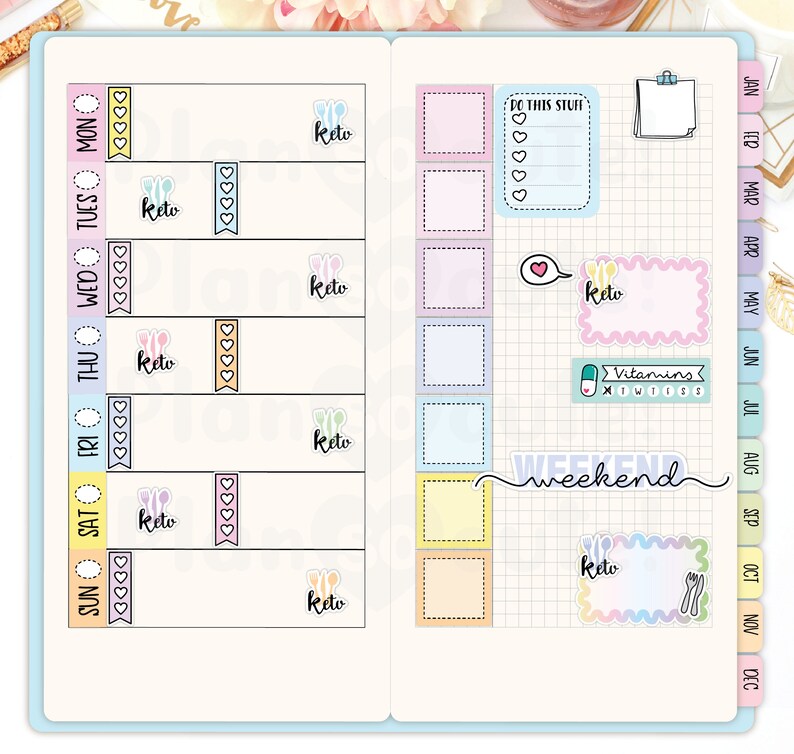 Pu&ograve; includere: Un planner settimanale con adesivi colorati che presentano la parola "keto" e altre frasi motivazionali. Il planner ha un layout a griglia con i giorni della settimana e i mesi dell'anno etichettati.