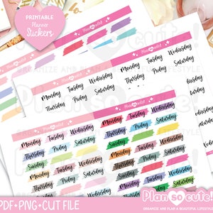 May include: Printable planner stickers with colorful pastel backgrounds and days of the week written in black. The stickers are labeled "Plan so cute!" and "Organize and plan a beautiful lifestyle."