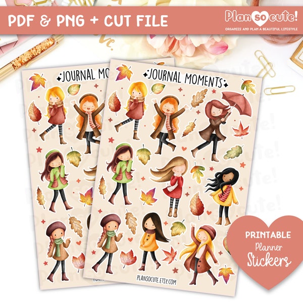 Autumn Girls, Chibi girl, Fall Printable Planner Stickers, Journal Moments, Silhouette and Cricut File