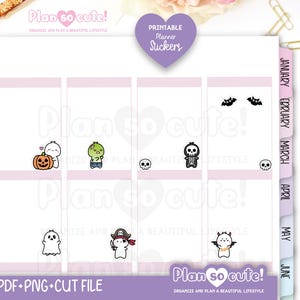 May include: Printable planner stickers with Halloween-themed illustrations. The stickers feature cartoon characters like a pumpkin, zombie, skeleton, ghost, pirate, and devil. The stickers are in a planner layout with the text "Plan so cute!" and "Printable Planner Stickers".