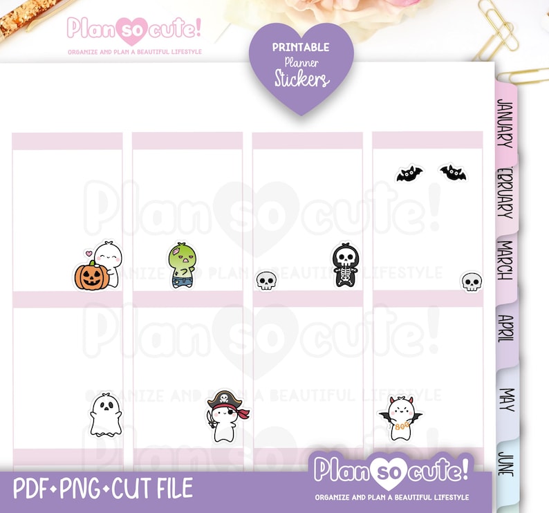 May include: Printable planner stickers with Halloween-themed illustrations. The stickers feature cartoon characters like a pumpkin, zombie, skeleton, ghost, pirate, and devil. The stickers are in a planner layout with the text "Plan so cute!" and "Printable Planner Stickers".