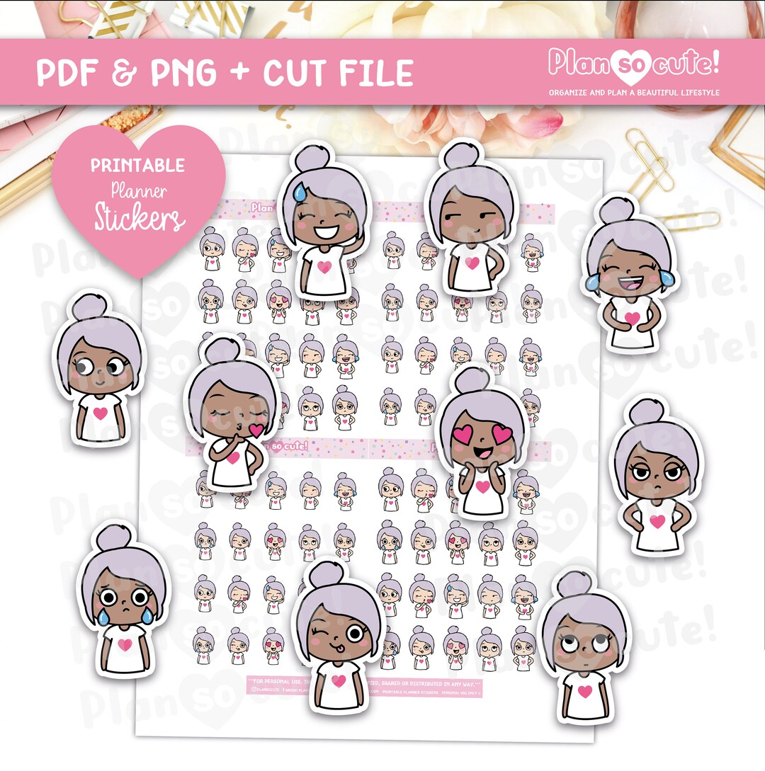 Emily Emojis Printable Planner Stickers, Dark Skin, Bullet Journal ...