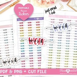 Könnte beinhalten: Druckbare Planer-Aufkleber mit dem Wort "Arbeit" in verschiedenen Farben und Schriftarten. Die Aufkleber sind in Reihen auf weißem Hintergrund angeordnet. Der Text "Einfach drucken und ausschneiden" und "PDF & PNG + SCHNEIDDATEI" ist ebenfalls sichtbar.