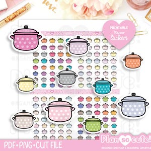 Puede incluir: Una hoja de pegatinas para planificador con varias ollas de cocina coloridas con lunares. Las pegatinas son de una variedad de colores, incluyendo rosa, azul, verde y naranja. La hoja también incluye el texto "Plan so cute!" y "PDF + PNG + CUT FILE".