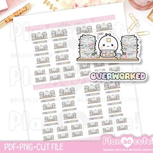 Pode incluir: Folha de autocolantes para planner com uma personagem de desenho animado rodeada de pilhas de papel e a palavra "OVERWORKED". Os autocolantes têm um tema rosa e branco. Ideal para organizar e planear um estilo de vida bonito.