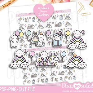 Aniversário de fantoches minúsculos, feliz aniversário, adesivos de planejador para impressão, adesivos de diário com marcadores