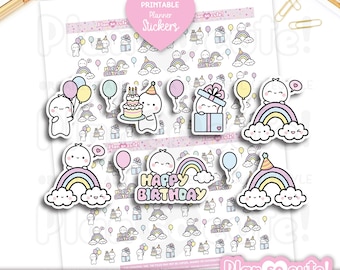 Tiny Puppet Birthday, Happy Birthday, Printable Planner Stickers, Bullet Journal Stickers