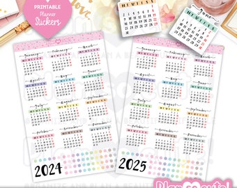 Könnte beinhalten: Druckbare Planer-Aufkleber für 2024 und 2025. Jeder Aufkleber zeigt einen Monatskalender mit einem bunten Rand und einem pastellfarbenen Hintergrund. Die Aufkleber sind für die Verwendung in einem Planer oder Tagebuch gedacht.