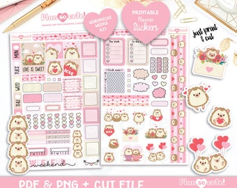 Hobonichi Weeks Kit, Printable Planner Stickers, Valentines Sticker Kit, Cute Hedgehog, Cricut and Silhouette files, Hobonichi Kit