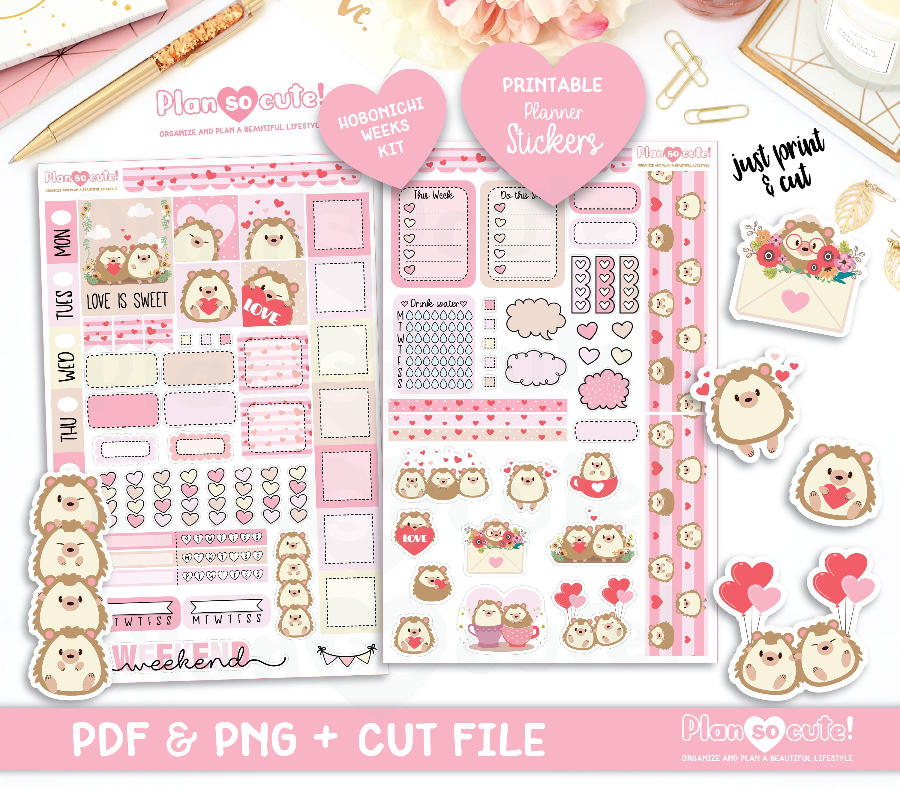 Hobonichi Weeks Kit, Printable Planner Stickers, Valentines Sticker Kit, Cute Hedgehog, Hobonichi Kit