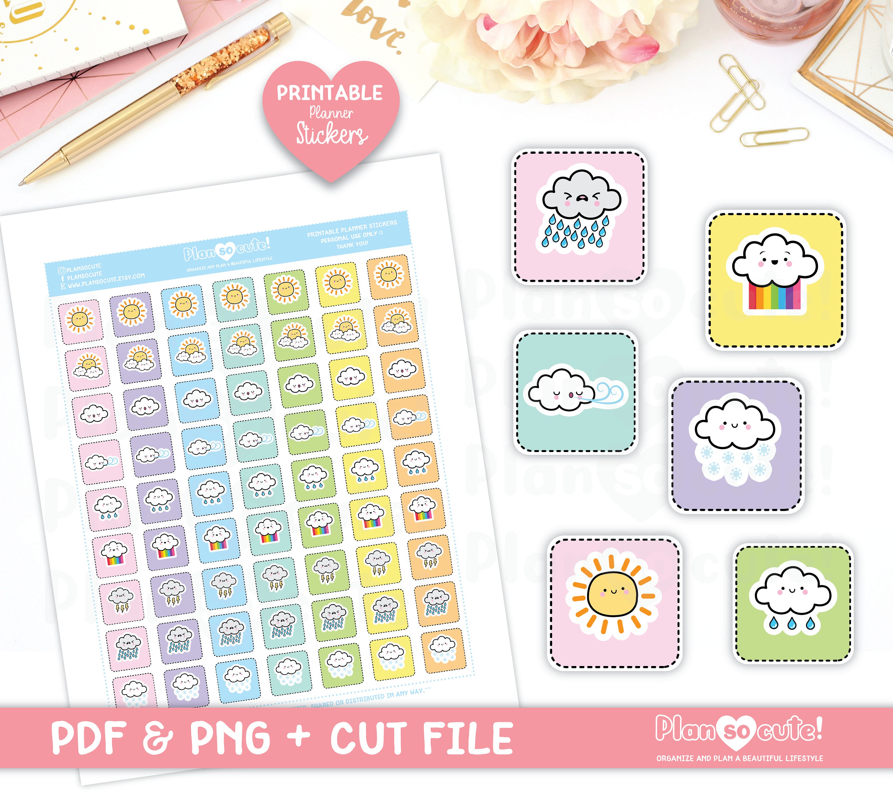 Cute Kawaii Weather, Printable Planner Stickers, Hobonichi Weeks, Cricut  and Silhouette Files, Bullet Journal Stickers