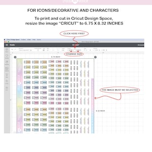 May include: A digital design space showing a grid of colorful, outlined pill bottle icons. The grid is 6.75 inches wide and 8.32 inches tall. The text "THE IMAGE MUST BE SELECTED" is written in a red circle with an arrow pointing to the grid.