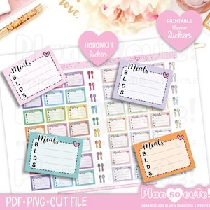 Può includere: Una collezione di adesivi per planner dai colori pastello con la parola "Meals" e spazio per le note. Gli adesivi presentano illustrazioni di cuori e posate. Il testo "Plan so cute!" è anch'esso visibile.