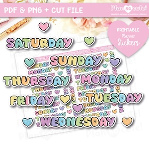 Grote pluizige dagen van de week-script, afdrukbare planner-stickers