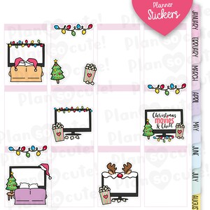 May include: Printable planner stickers featuring a Christmas movie theme. The stickers include a television with a Christmas tree, popcorn, and lights. The text "Christmas movies & chill" is on one sticker.