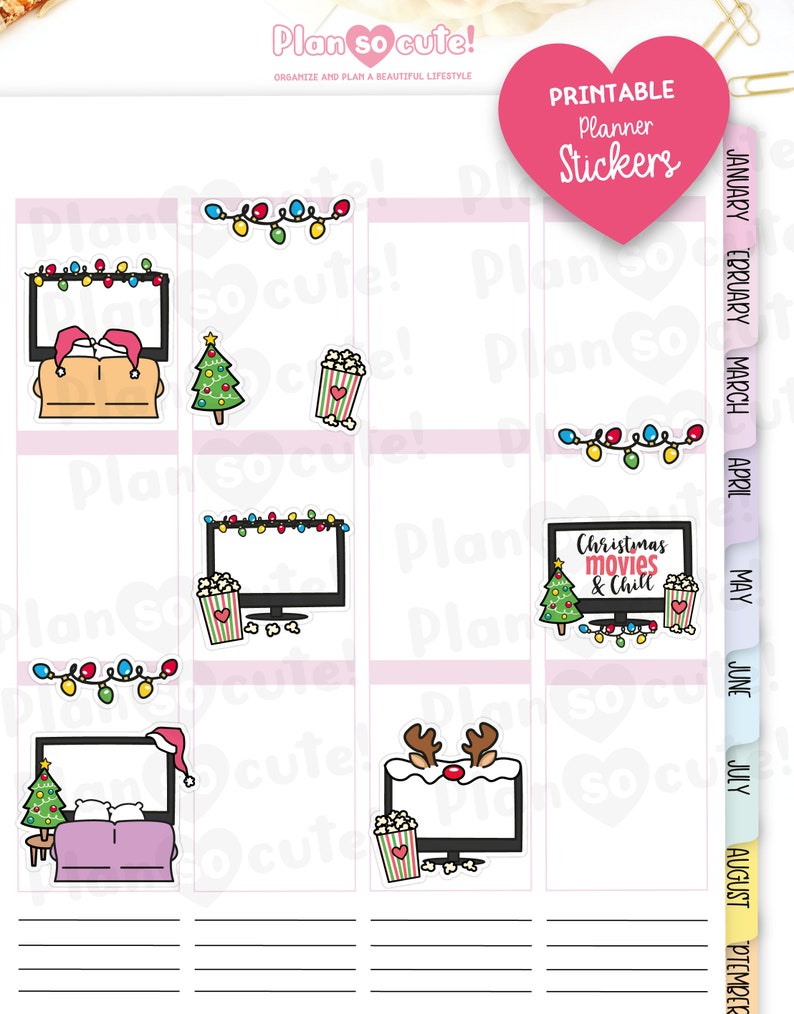 May include: Printable planner stickers featuring a Christmas movie theme. The stickers include a television with a Christmas tree, popcorn, and lights. The text "Christmas movies & chill" is on one sticker.