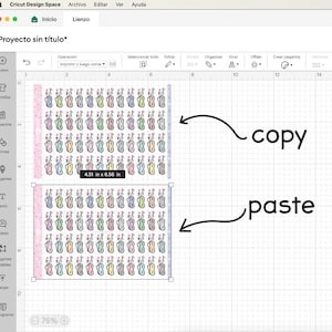 May include: A screen capture of a design software program showing a grid with two rows of colorful, patterned, small, rectangular stickers. The text "copy" and "paste" are written on the screen with arrows pointing to the stickers.