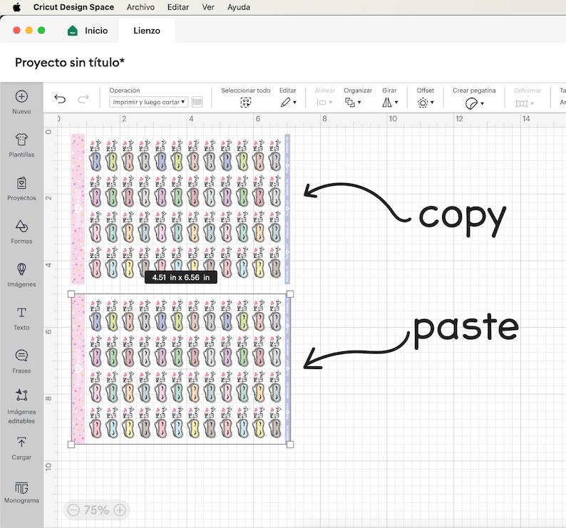 May include: A screen capture of a design software program showing a grid with two rows of colorful, patterned, small, rectangular stickers. The text "copy" and "paste" are written on the screen with arrows pointing to the stickers.