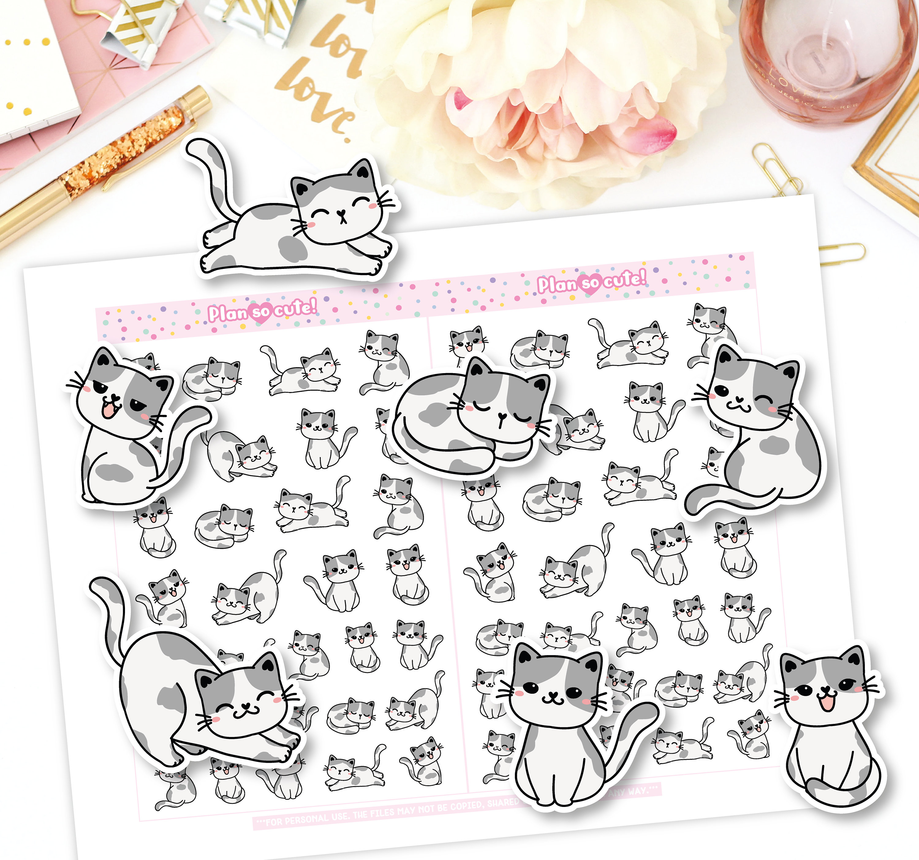 Gray and White Kitty, Cat Planner Stickers, Printable Planner Stickers ...