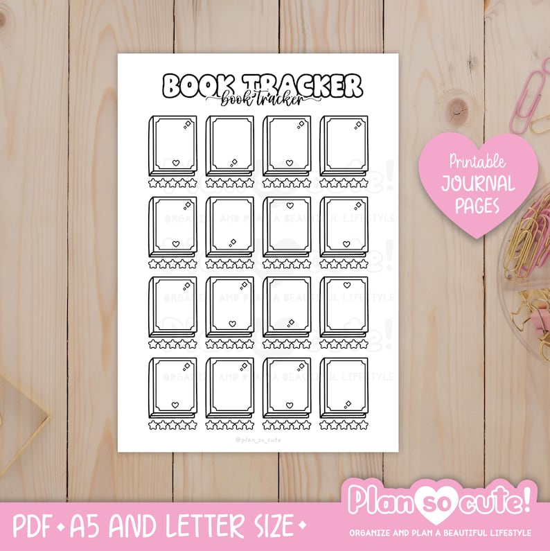 May include: Printable book tracker journal page with 16 book squares, each with a heart and five stars. The page is titled "Book Tracker" and has the text "book tracker" in smaller font below the title. The page is designed for use in a planner or journal.