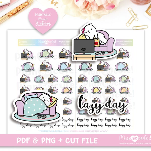Lazy day Cleo Printable Planner Stickers, Bear Stickers, Cricut and Silhouette files, Bullet Journal Stickers