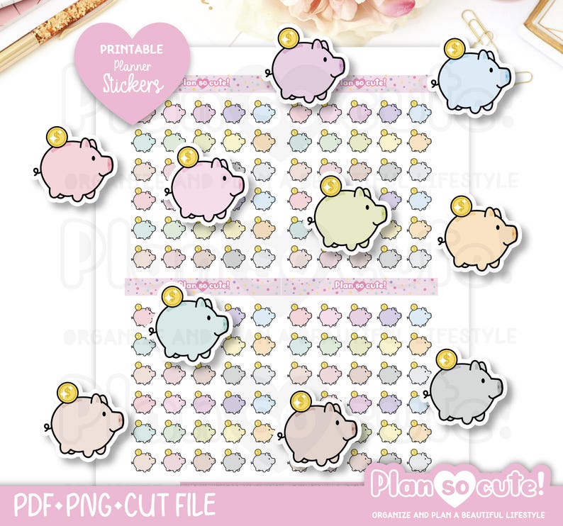 Coin Sticker Bank Piggy Bank Stickers, Kawaii Stickers, Printable Planner Stickers ...