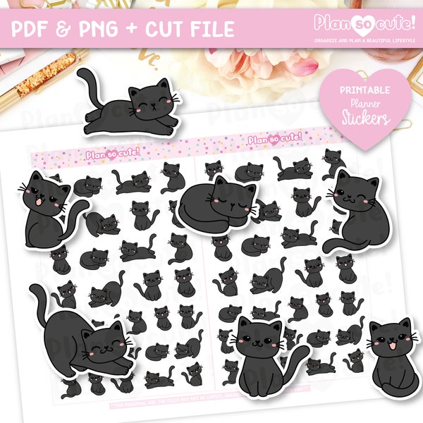 Black Kitty, Cat Planner Stickers, Printable Planner Stickers, Doodle Stickers