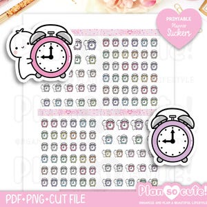 Puede incluir: Hoja de pegatinas imprimibles para planificador con varios diseños de despertadores coloridos. Las pegatinas incluyen un gran despertador rosa con un personaje de dibujos animados y una pegatina en forma de corazón que dice "Printable Planner Stickers".
